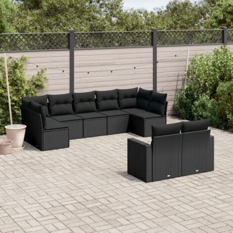 Ensemble Salon Jardin 9 Places Noir Résine Tressée avec Coussins - Mobilier Extérieur Modulaire avec Rangement (1/3)