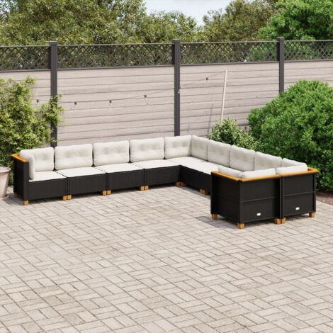 Ensemble de Jardin 10 Places en Résine Tressée Noir avec Coussins Crème - Salon d'Extérieur Modulaire en Polyrotin avec Pieds Acacia (1/5)