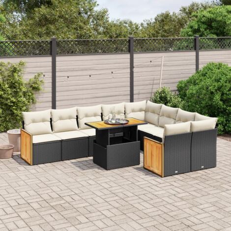 Ensemble Salon Jardin 10 Places Noir Résine Tressée avec Coussins Crème - Table Réglable, Mobilier d'Extérieur Modulaire (1/3)