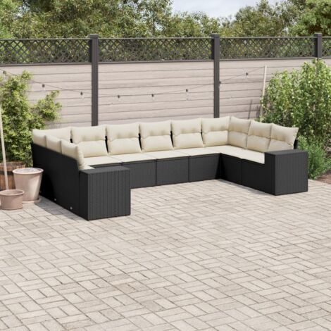 Ensemble Salon Jardin 10 Places Noir Résine Tressée avec Coussins Crème - Mobilier Extérieur Modulaire avec Rangement (1/3)