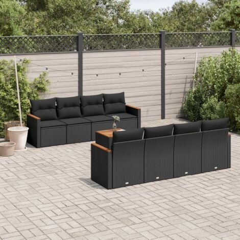 Ensemble Salon Jardin 9 Places Noir Résine Tressée avec Coussins - Table Acacia et Sièges Modulables avec Rangement (1/3)