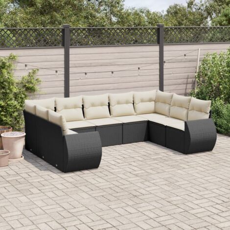 Ensemble de jardin 9 places en résine tressée noire avec coussins crème - Salon modulaire pour terrasse avec meubles en poly rotin résistant aux intempéries (1/5)