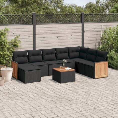 Ensemble Salon Jardin 9 Places Noir Résine Tressée avec Coussins - Canapé d'Angle, Table Acacia et Mobilier d'Extérieur Modulaire (1/5)