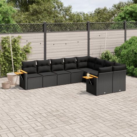 Ensemble Salon Jardin 9 Places Résine Tressée Noir avec Coussins - Meuble Extérieur Modulaire avec Table d'Appoint (1/5)