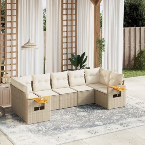 Salon de jardin 7 pièces en résine tressée beige avec coussins amovibles – design modulaire et résistant aux intempéries (1/5)