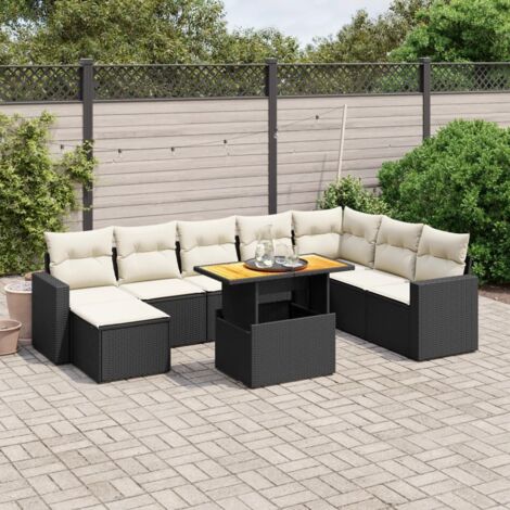 Ensemble de jardin 9 pièces noir résine tressée avec coussins crème - Salon extérieur modulaire avec table réglable et repose-pieds (1/4)