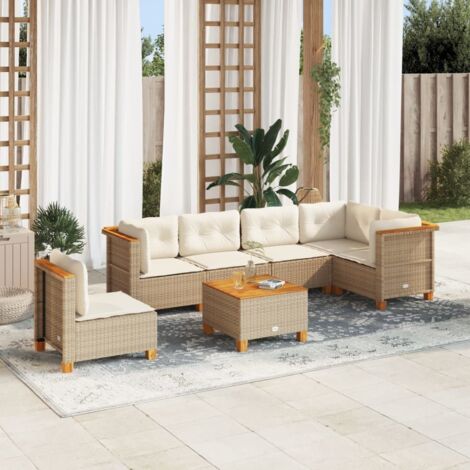 Salon de jardin 7 pièces en résine tressée beige avec coussins crème – modulaire, UV résistant, acacia massif (1/5)