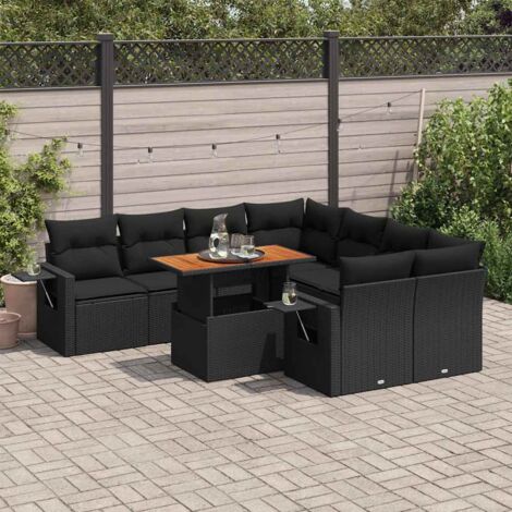 Ensemble Salon Jardin 9 Places Noir Résine Tressée avec Coussins - Table Réglable et Rangement Intégré (1/5)