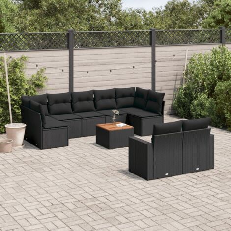 Ensemble Jardin 10 Places Noir Résine Tressée avec Coussins - Salon Extérieur Modulaire avec Rangement et Table Acacia (1/5)