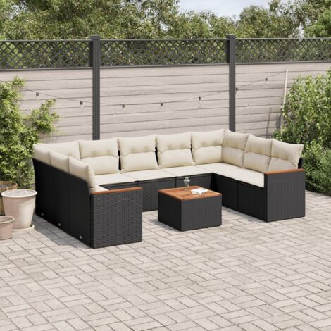 Ensemble de jardin 10 places en résine tressée noire avec coussins crème - Salon d'extérieur modulaire avec rangement et table acacia (1/3)