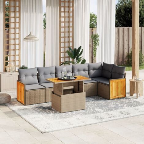 Salon de jardin 7 pièces en résine tressée beige avec coussins amovibles – Table réglable, design modulaire et UV résistant (1/3)