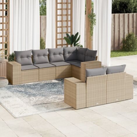 Salon de jardin 7 places en résine tressée beige avec coussins lavables et rangement intégré (1/3)