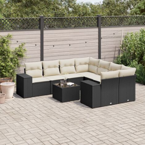 Ensemble de Jardin 9 Pièces Noir Résine Tressée avec Table Verre Trempé et Coussins Crème - Mobilier d'Extérieur Modulaire avec Espace de Rangement (1/3)