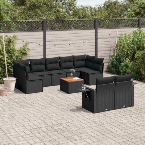 Ensemble Jardin 10 Places Résine Tressée Noir avec Coussins - Salon d'Extérieur Modulaire avec Table Acacia - Meuble Terrasse (1/5)