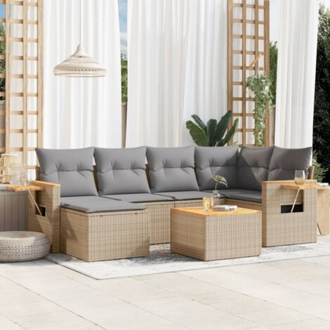 Canapé de jardin 7 pièces en résine tressée beige avec coussins amovibles – Table, fauteuils modulaires et repose-pied (1/5)