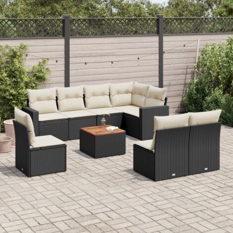 Ensemble Salon Jardin 9 Places Noir Résine Tressée - Canapés d'Extérieur avec Coussins Crème et Table Acacia (1/3)