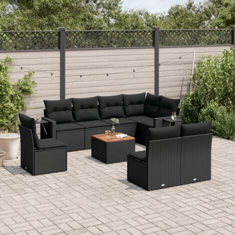 Ensemble de jardin 9 places en résine tressée noir avec coussins - Salon extérieur modulaire avec table en acacia (1/5)