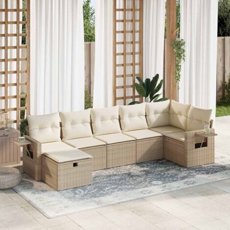 Salon de jardin 7 pièces en résine tressée beige avec coussins crème, rangement intégré et design modulaire (1/5)