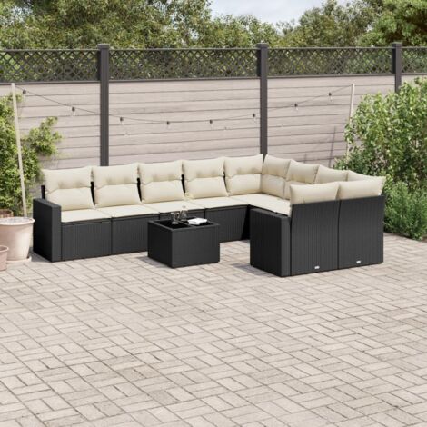Ensemble Salon Jardin 10 Places Noir Résine Tressée avec Coussins Crème - Table Verre Trempé, Mobilier Extérieur Modulaire (1/5)