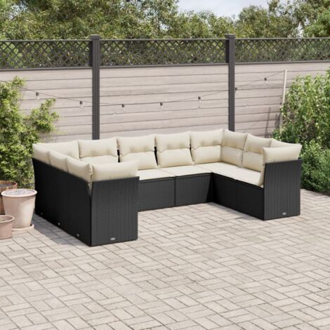 Ensemble Salon Jardin 9 Places Noir Résine Tressée avec Coussins Crème - Meuble Extérieur Modulaire (1/5)