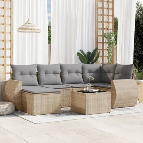 Canapé de jardin 7 pièces en résine tressée beige avec coussins gris – Table, tabouret et sièges modulaires résistants aux UV (1/3)