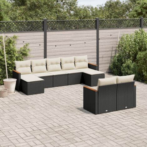Ensemble Salon Jardin 9 Places Noir Résine Tressée avec Coussins Crème - Canapé Modulaire, Housse Lavable, Stockage Intégré (1/5)