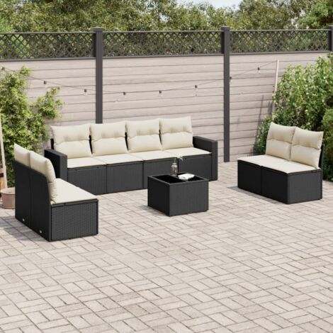 Ensemble Salon Jardin 9 Places Noir Résine Tressée avec Table Verre Trempé et Coussins Crème (1/5)