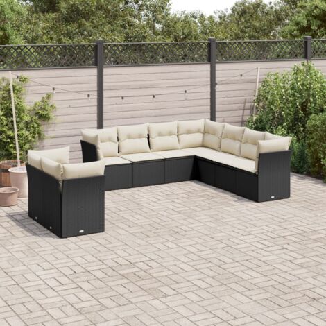 Ensemble Salon Jardin 9 Places Noir Résine Tressée avec Coussins Crème - Meuble Extérieur Modulaire avec Rangement (1/3)