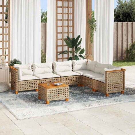 Salon de jardin 7 pièces en résine tressée beige avec coussins crème – canapé modulaire, acacia massif et acier poudré (1/5)