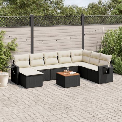 Ensemble Jardin 9 Places Noir Résine Tressée avec Table Acacia et Coussins Crème - Salon Extérieur Modulaire (1/5)