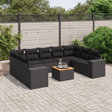 Ensemble de jardin 10 places en résine tressée noire avec coussins et table en acacia - Meuble extérieur modulaire avec rangement intégré (1/3)
