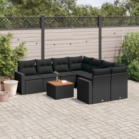Ensemble Salon Jardin 9 Places Noir Résine Tressée avec Table Acacia et Coussins Détachables (1/3)