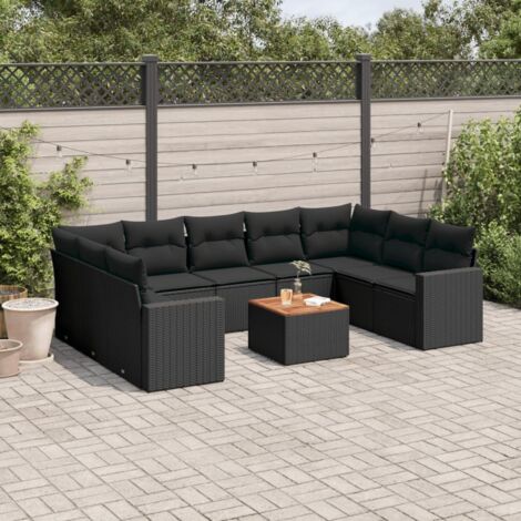 Ensemble Salon Jardin 10 Places Noir Résine Tressée avec Coussins - Table Acacia Massif - Modulaire Extérieur (1/3)