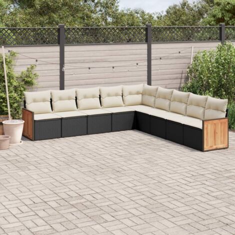 Ensemble Salon Jardin 9 Places Noir Résine Tressée avec Coussins Crème - Meuble Extérieur Modulaire Polyrotin (1/5)