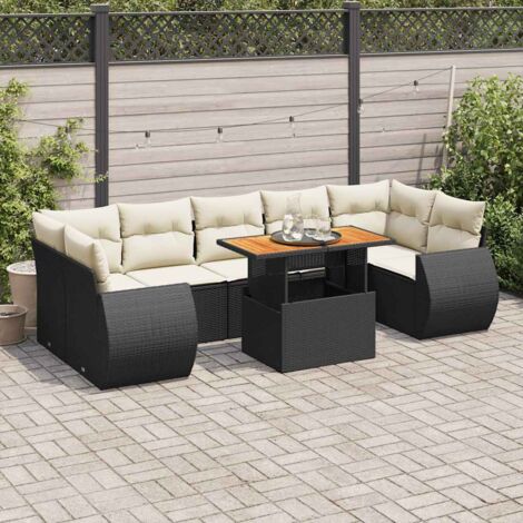 Ensemble de jardin 8 places en résine tressée noire avec table extensible acacia et rangements intégrés (1/5)