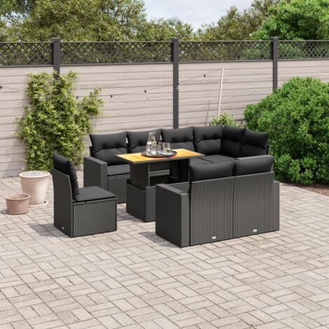 Ensemble jardin 9 places résine tressée noir avec table extensible acacia et coussins lavables - Salon extérieur modulaire (1/3)
