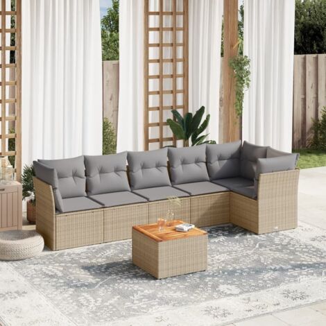 Canapé de jardin 7 pièces en résine tressée beige avec coussins amovibles – Table acacia et sièges modulaires (1/3)