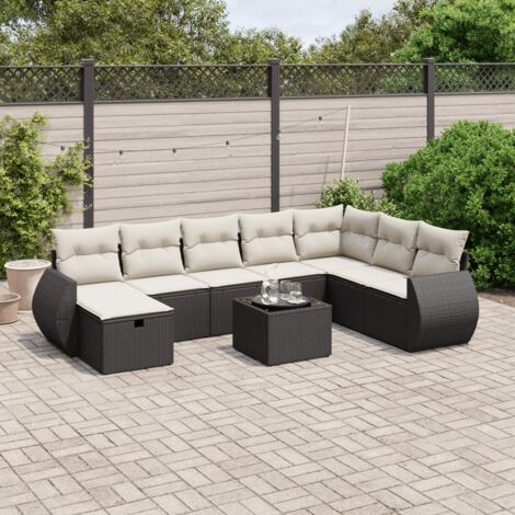 Ensemble jardin 9 places résine tressée noir avec coussins crème - Salon extérieur modulaire verre trempé (1/4)