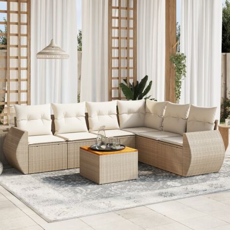 Salon de jardin 7 pièces en résine tressée beige avec coussins crème, table en acacia, rangement intégré et résistance UV (1/3)