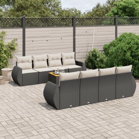 Ensemble Salon Jardin 9 Places Noir Résine Tressée avec Table Acacia et Coussins Crème - Mobilier Extérieur Modulaire avec Rangement (1/3)