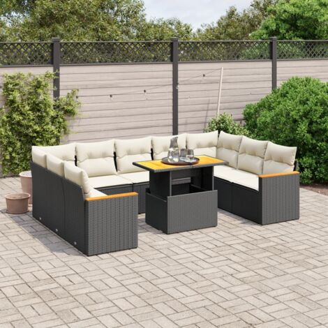 Ensemble Jardin 10 Places Résine Tressée Noir avec Coussins Crème - Salon d'Extérieur Modulable avec Table Réglable (1/3)