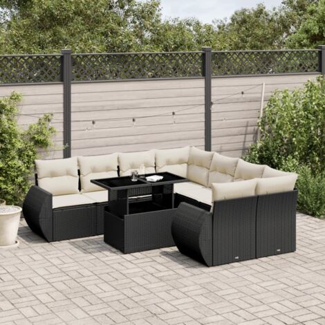 Ensemble Salon Jardin 9 Places Noir Résine Tressée avec Coussins Crème - Table Réglable Modulaire (1/5)