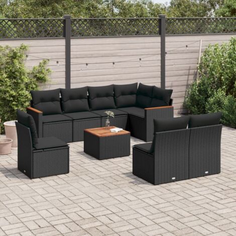 Salon de jardin 9 places en résine tressée noir avec table acacia et coussins lavables - Ensemble modulaire avec rangement intégré (1/3)