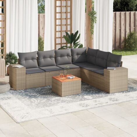 Canapé de jardin 7 pièces en résine tressée beige avec coussins gris – Modèle modulaire, acacia et acier poudré (1/3)