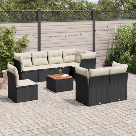 Ensemble de jardin 9 pièces noir résine tressée avec coussins - Salon d'extérieur modulaire avec table en acacia et housses lavables (1/3)