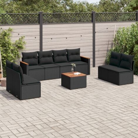 Ensemble Jardin 9 Places Noir Résine Tressée avec Table Acacia et Coussins Lavables - Salon Extérieur Modulaire Design Contemporain (1/5)