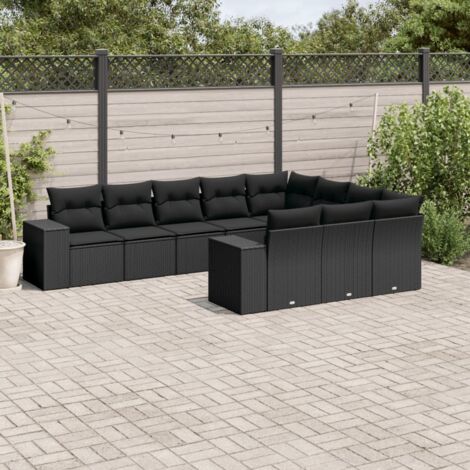 Ensemble Salon Jardin 10 Places Résine Tressée Noir avec Coussins - Canapé d'Angle, Central et Accoudoirs - Mobilier Extérieur Modulaire (1/5)