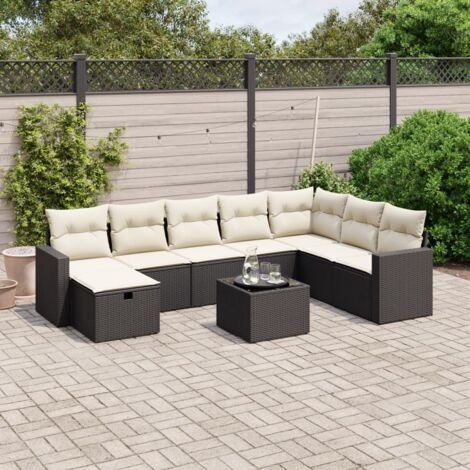 Ensemble Salon Jardin 9 Places Noir Résine Tressée avec Coussins Crème - Table Verre Trempé, Modulaire (1/4)