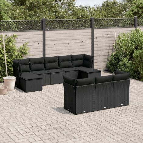 Ensemble Salon Jardin 10 Places Résine Tressée Noir avec Coussins - Canapé d'Angle Modulaire (1/5)
