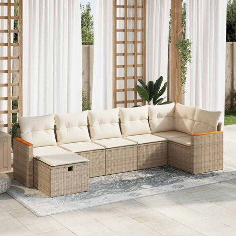 Salon de jardin 7 pièces en résine tressée beige avec coussins crème, rangement intégré et design modulaire (1/5)